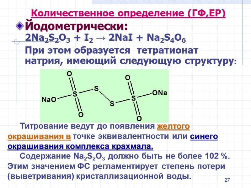27  Количественное определение (ГФ,ЕР) Йодометрически:  2Na2S2O3 + I2 → 2NaI + Na2S4O6